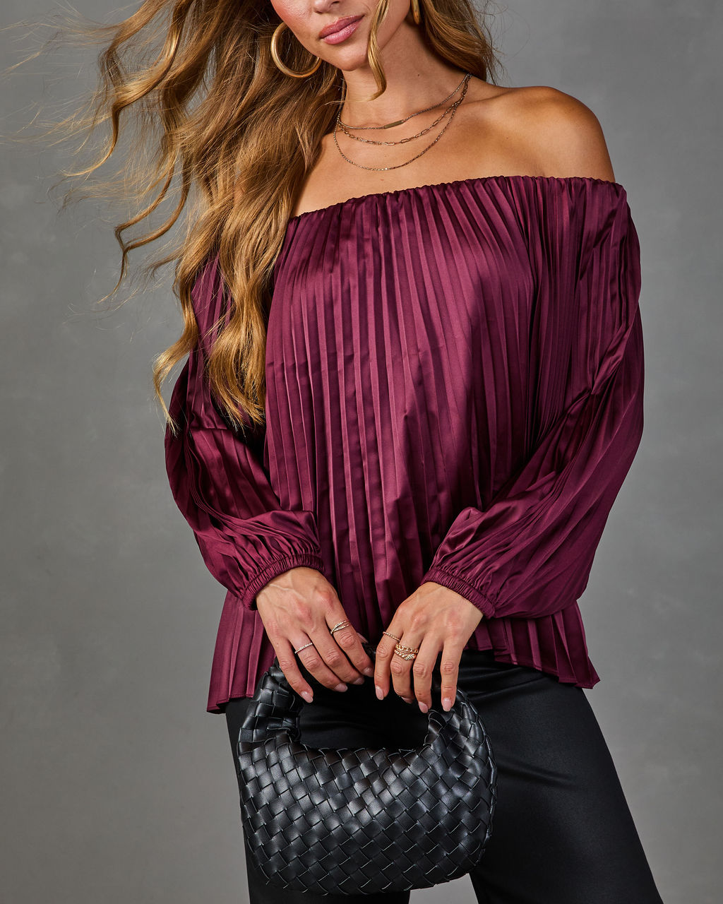 Elsie Pleated Satin Off the Shoulder Blouse