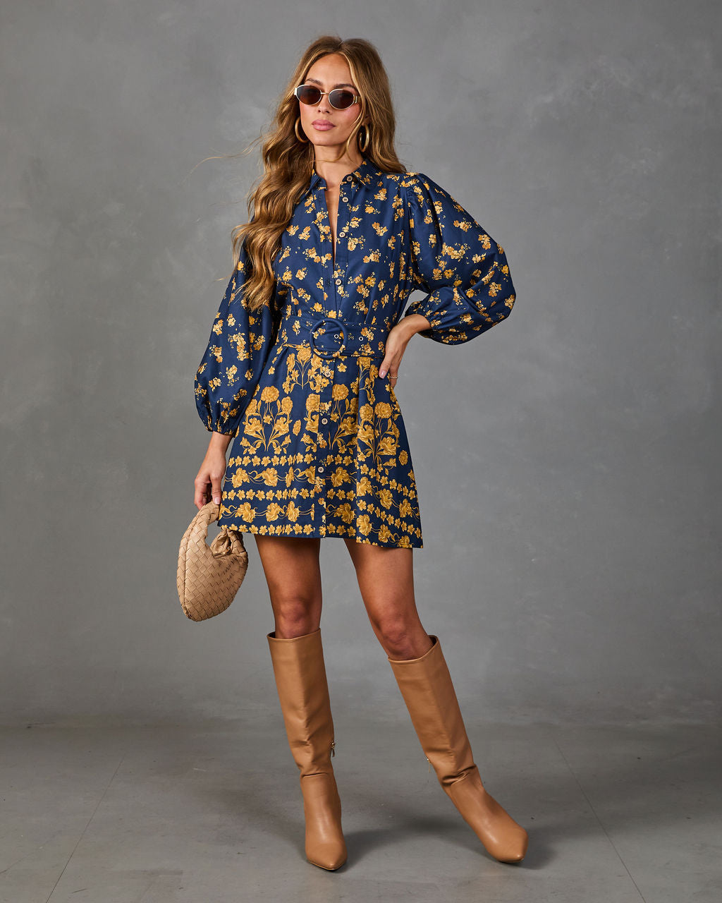 Golden Meadow Belted Floral Mini Shirt Dress