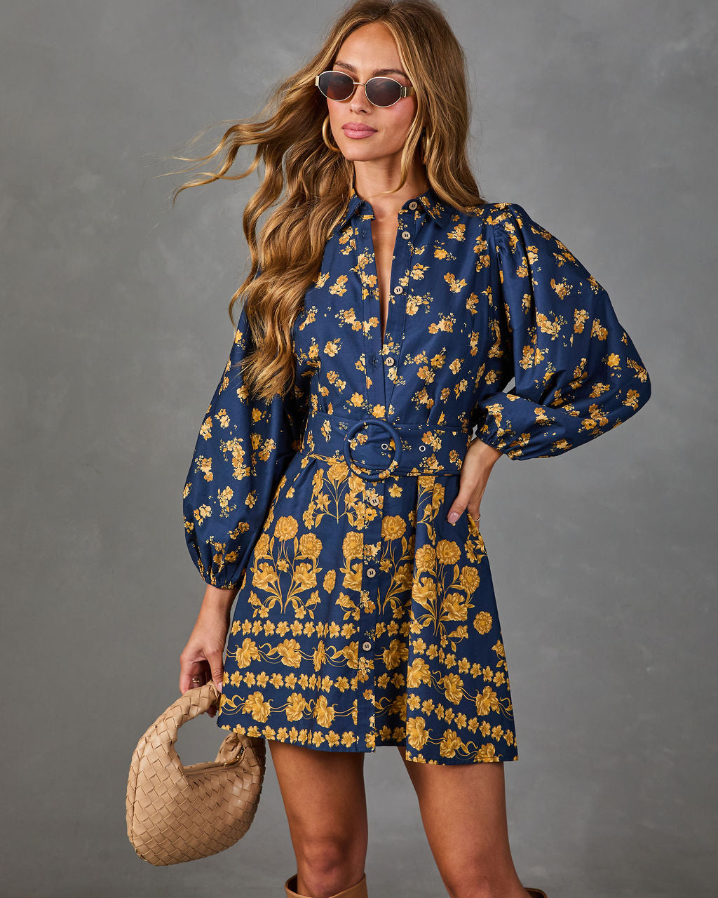 Golden Meadow Belted Floral Mini Shirt Dress