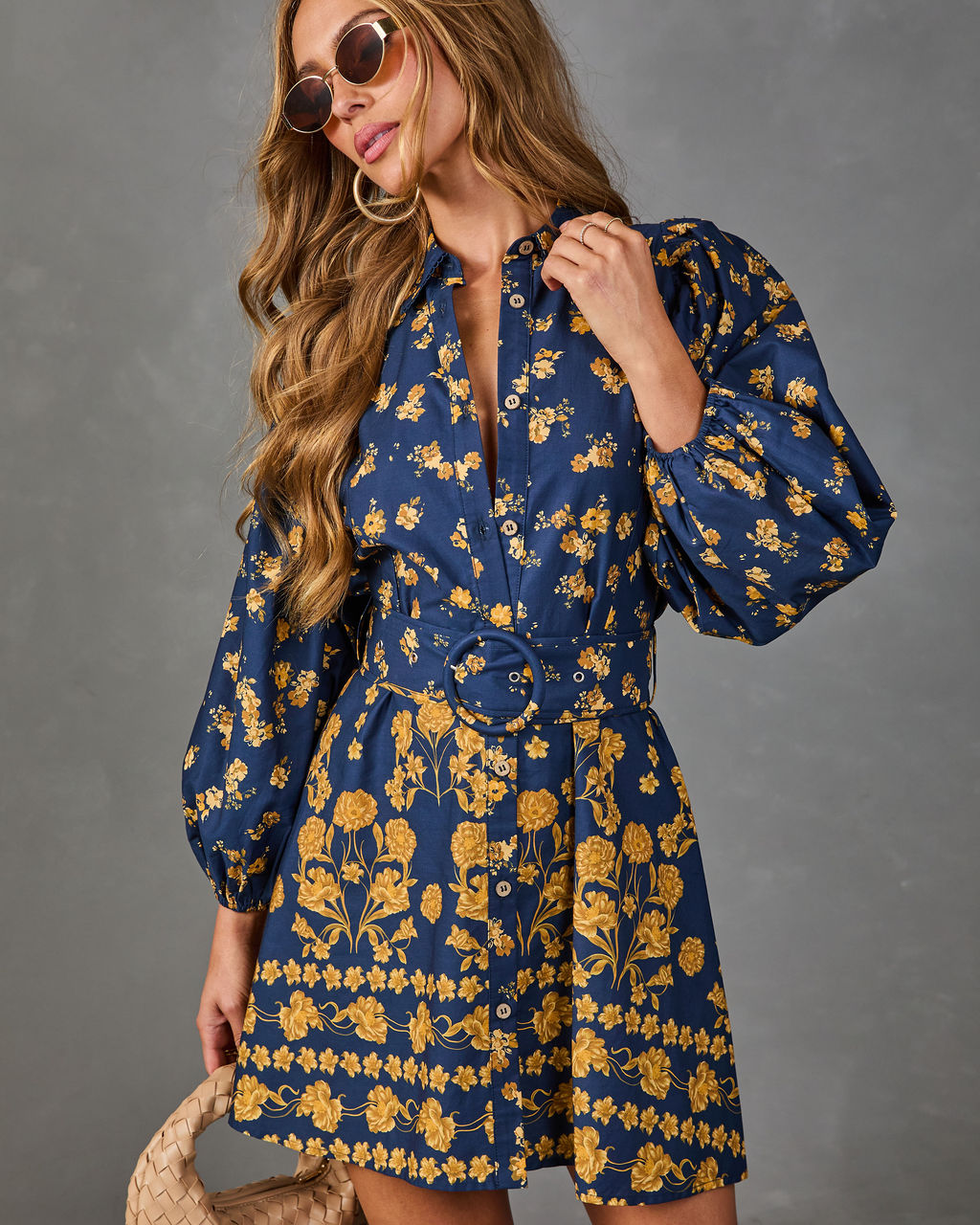 Golden Meadow Belted Floral Mini Shirt Dress