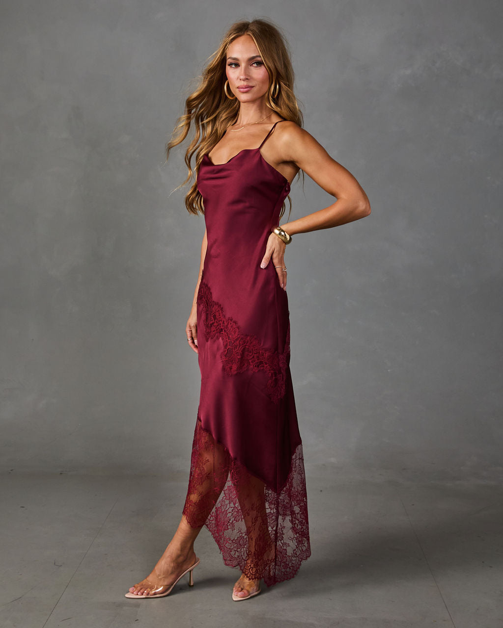 Dusky Romance Satin Lace Trim Slip Midi Dress