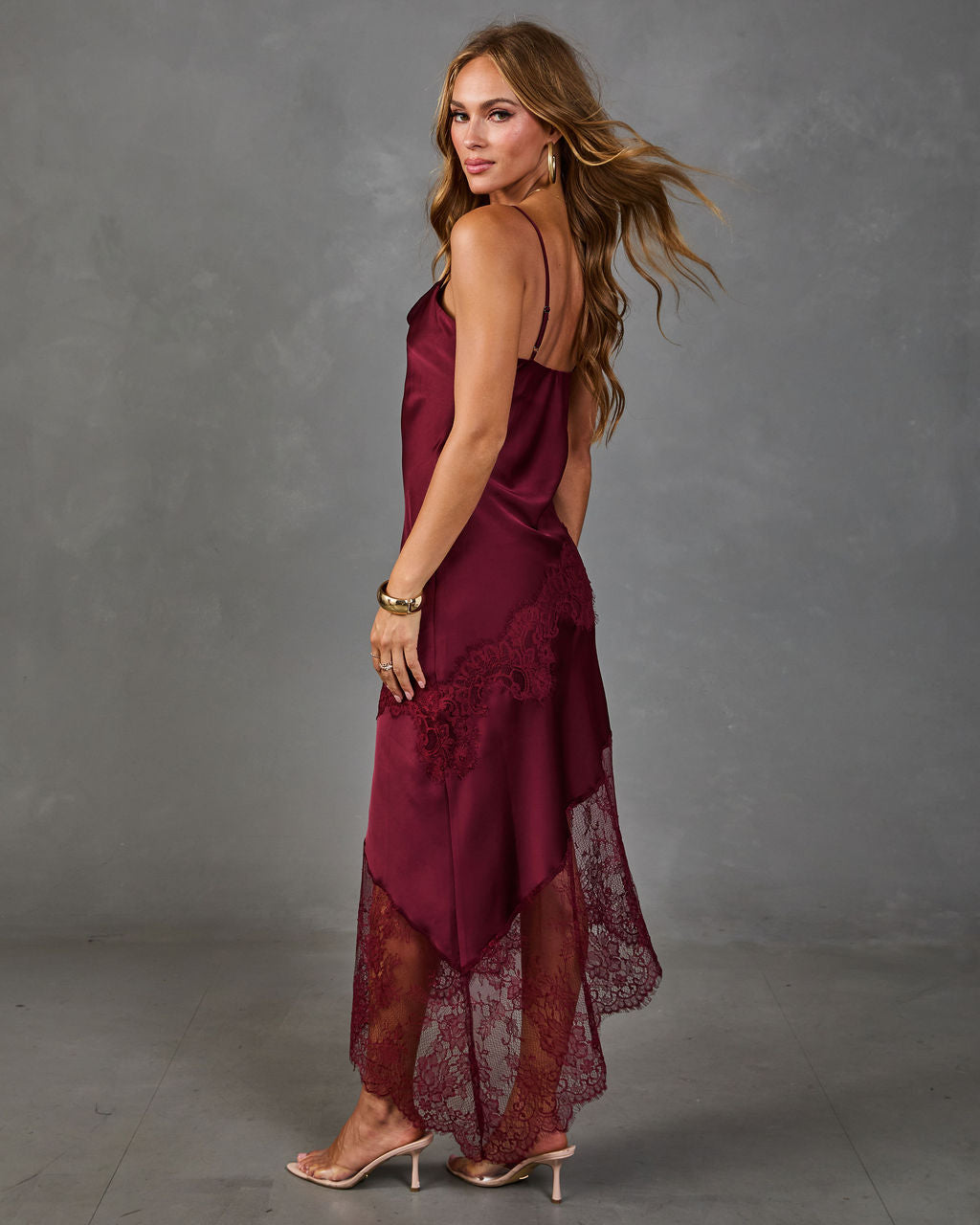 Dusky Romance Satin Lace Trim Slip Midi Dress