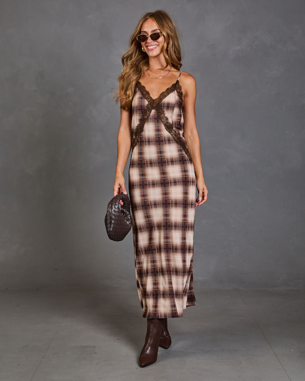 Laurent Plaid Lace Trim Slip Maxi Dress