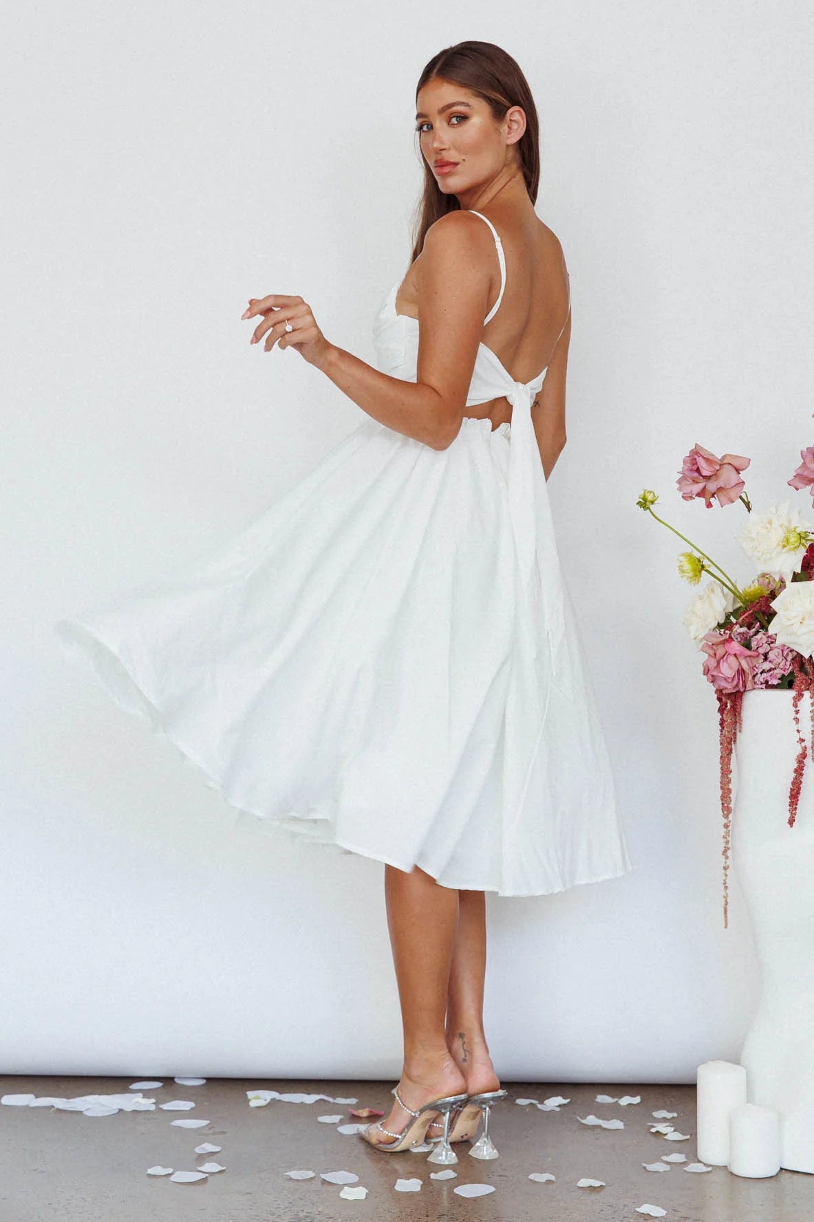 Salome Tied Back Knee Length Dress White
