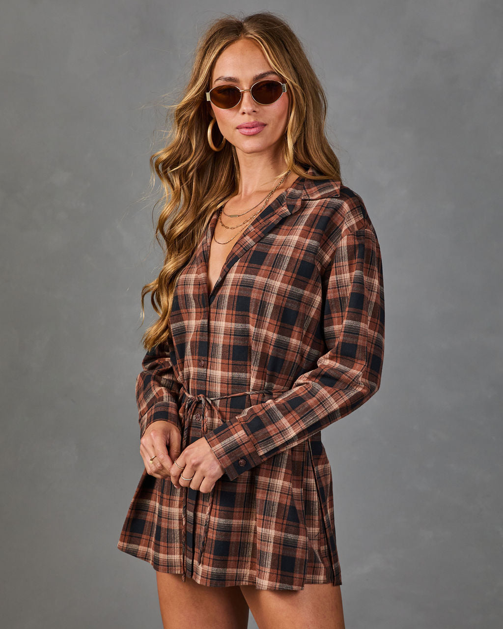 Turning Season Cotton Plaid Waist Tie Romper