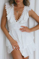 Charade Ruffle Shoulder Corset Back Eyelet Dress White