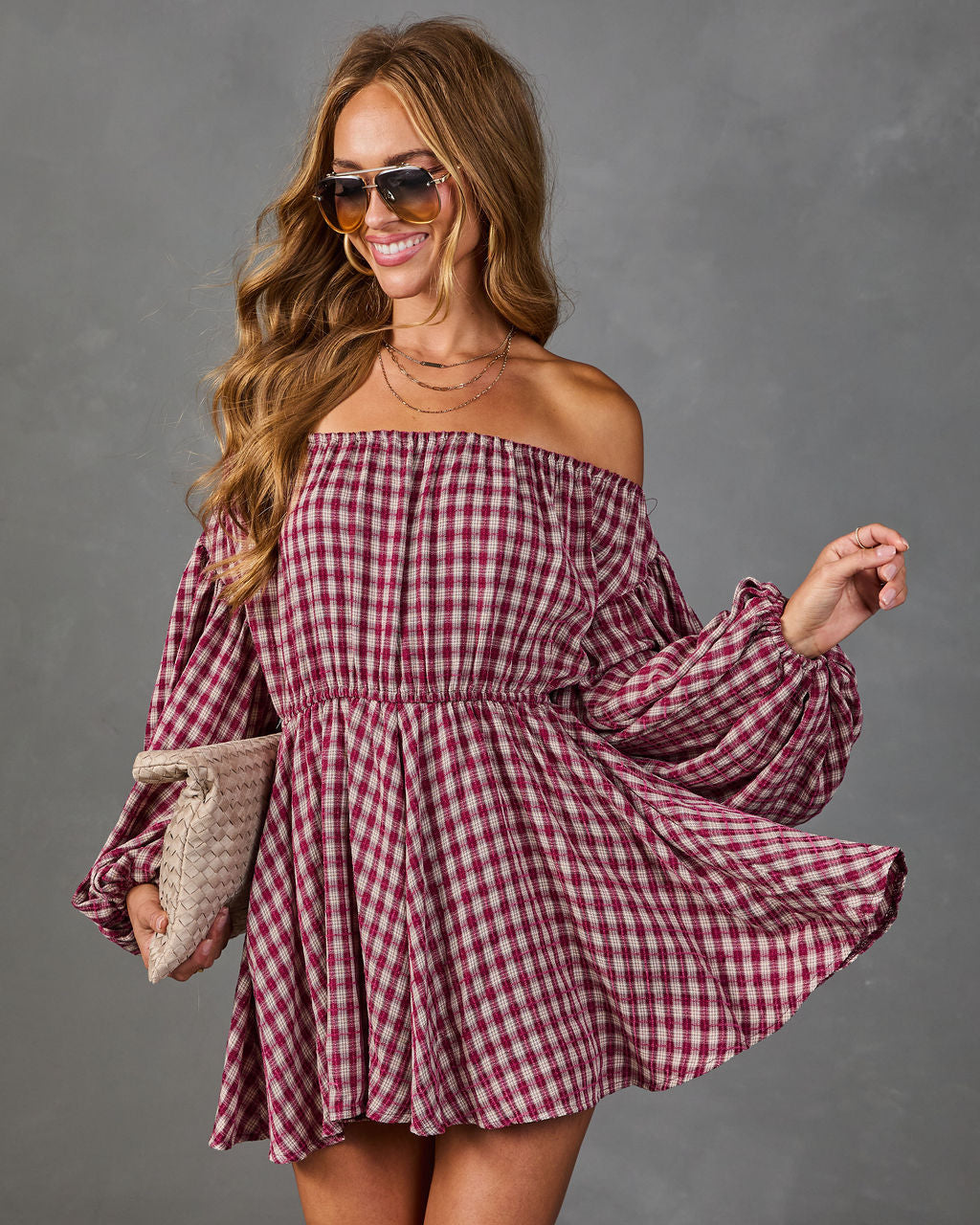 Karrington Gingham Off the Shoulder Mini Dress