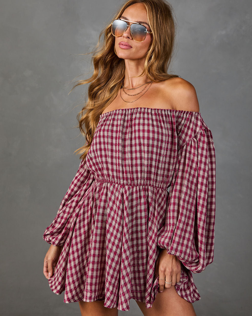 Karrington Gingham Off the Shoulder Mini Dress
