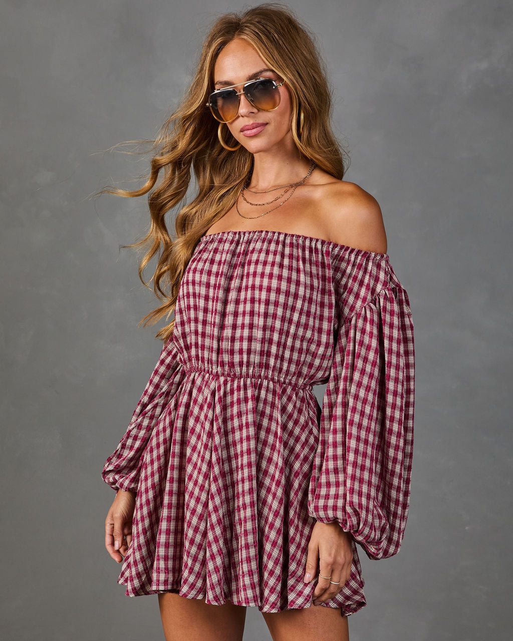 Karrington Gingham Off the Shoulder Mini Dress