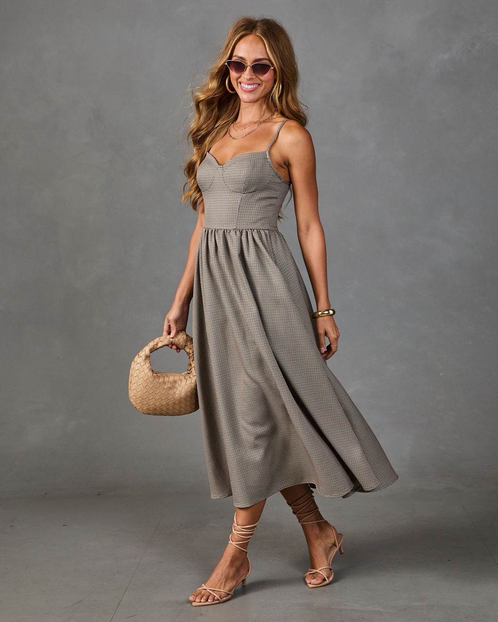 Sunday Sol Houndstooth Plaid Tweed Midi Dress