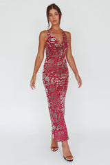Byzantine Cowl Halterneck Midi Dress Floral Wine