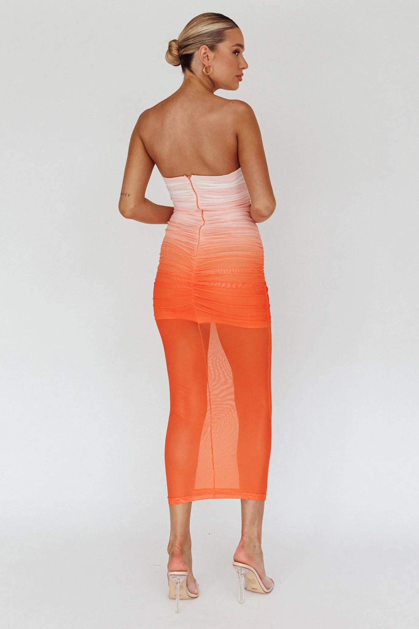 Logan Strapless Ruched Midi Dress Gradient Orange