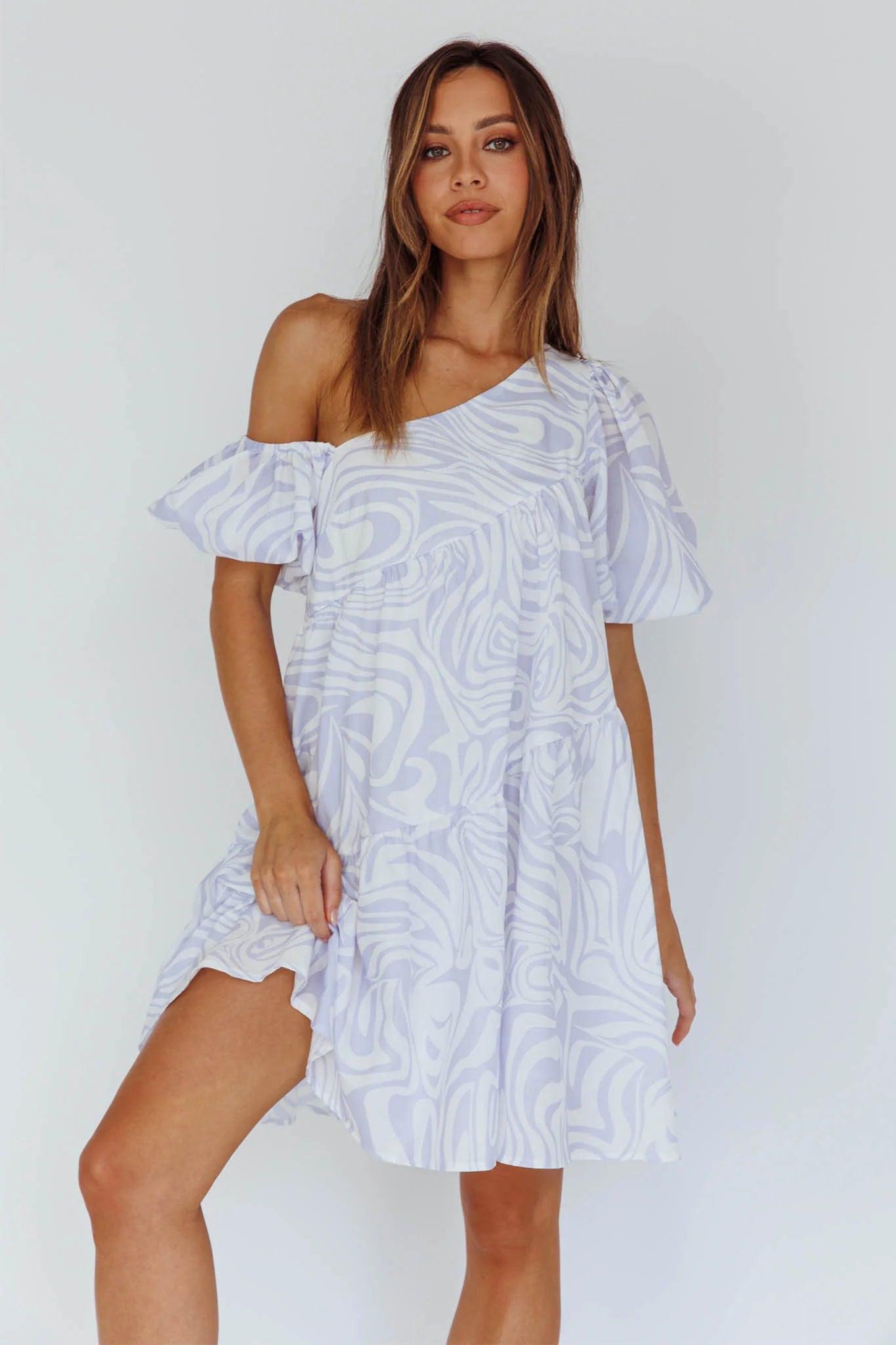 Villa Puff Sleeve One-Shoulder Dress Blue
