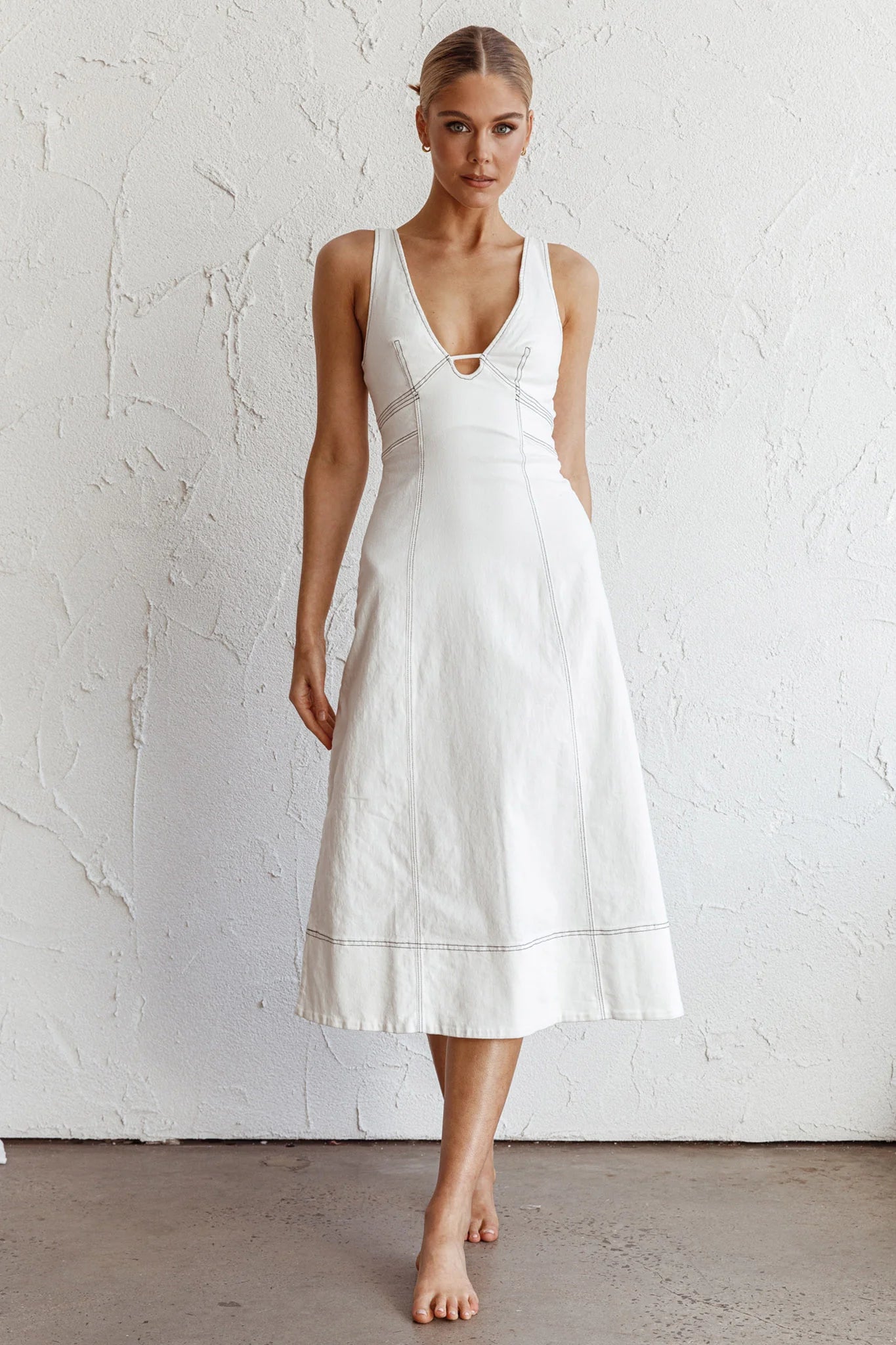 Elias Decorative Stitch Midi Dress White