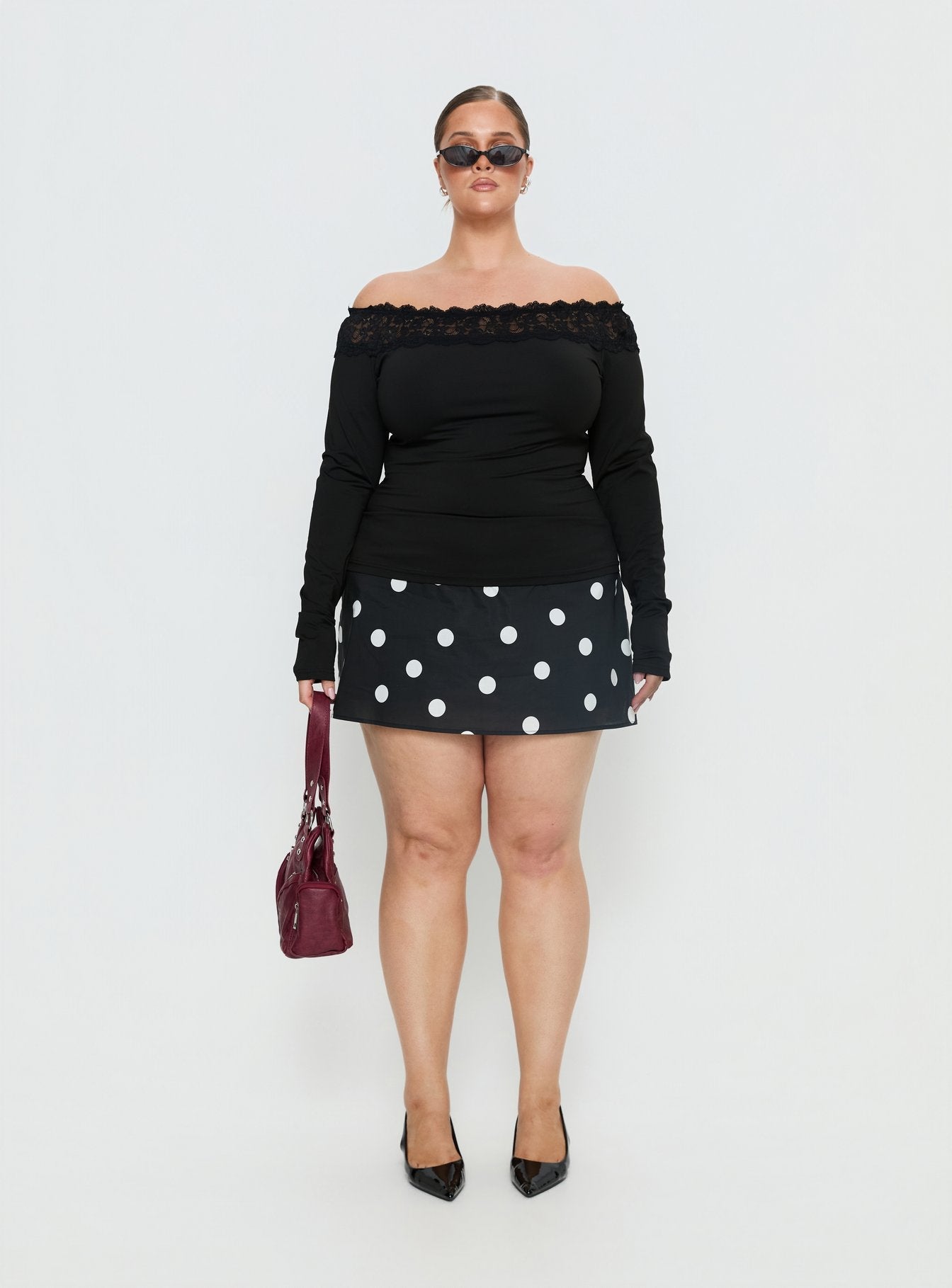 Breiann Lace Off Shoulder Long Sleeve Top Black Curve
