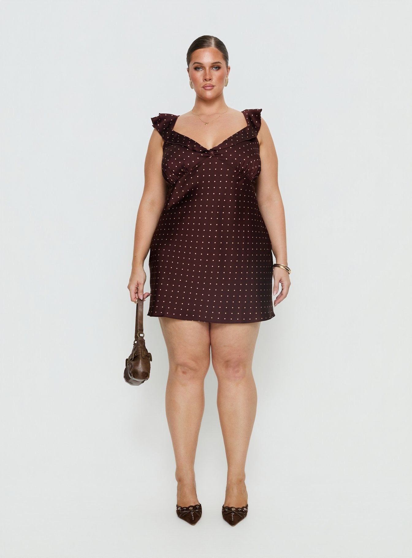 Kamillah Frill Mini Dress Burgundy Polka Dot Curve