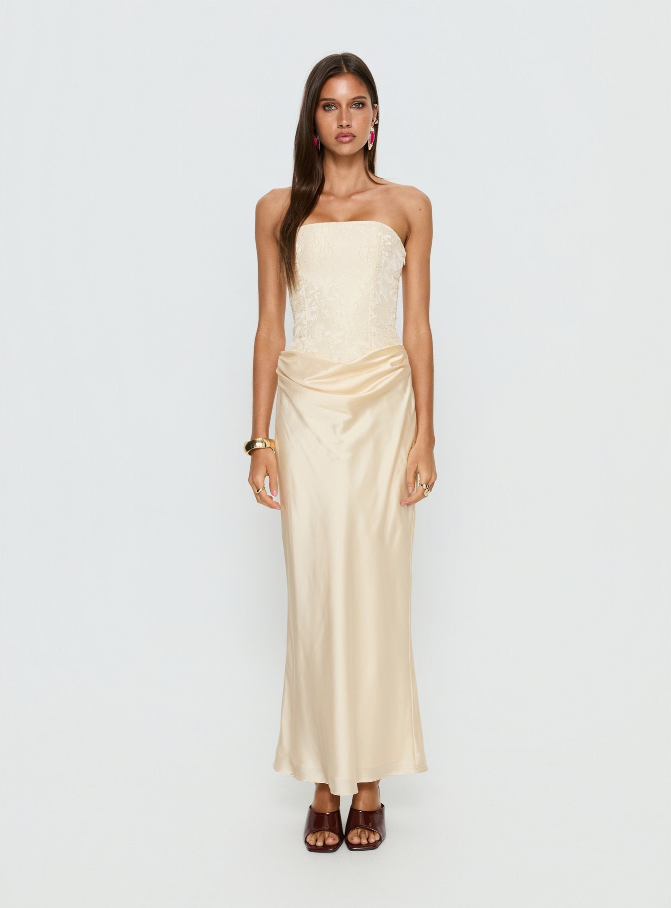 Jenevieve Strapless Drape Maxi Dress Lemon