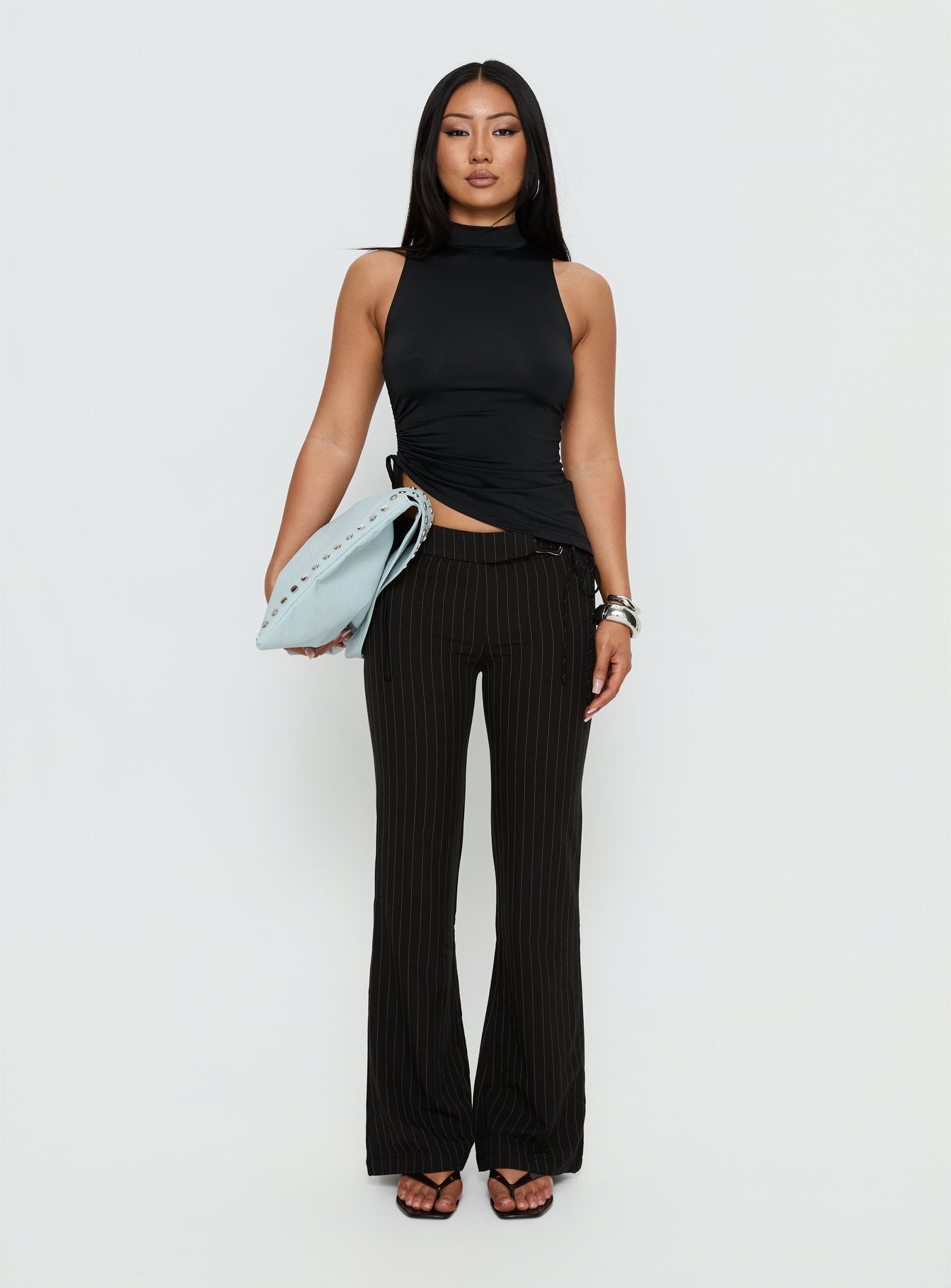 Louder Please Tie Side Straight Leg Pants Black Pinstripe