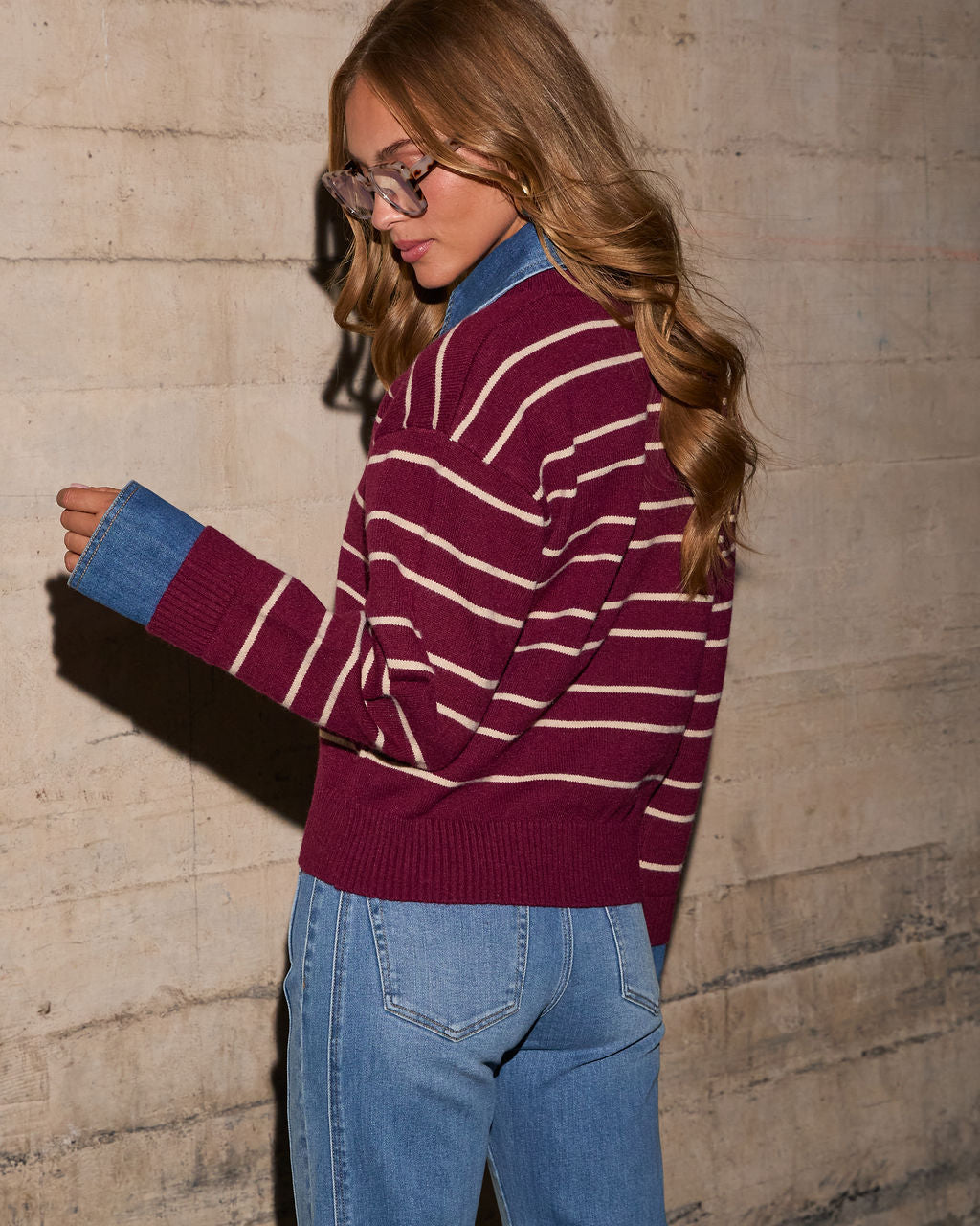 Wynn Knit Twofer Striped Denim Trim Polo Sweater