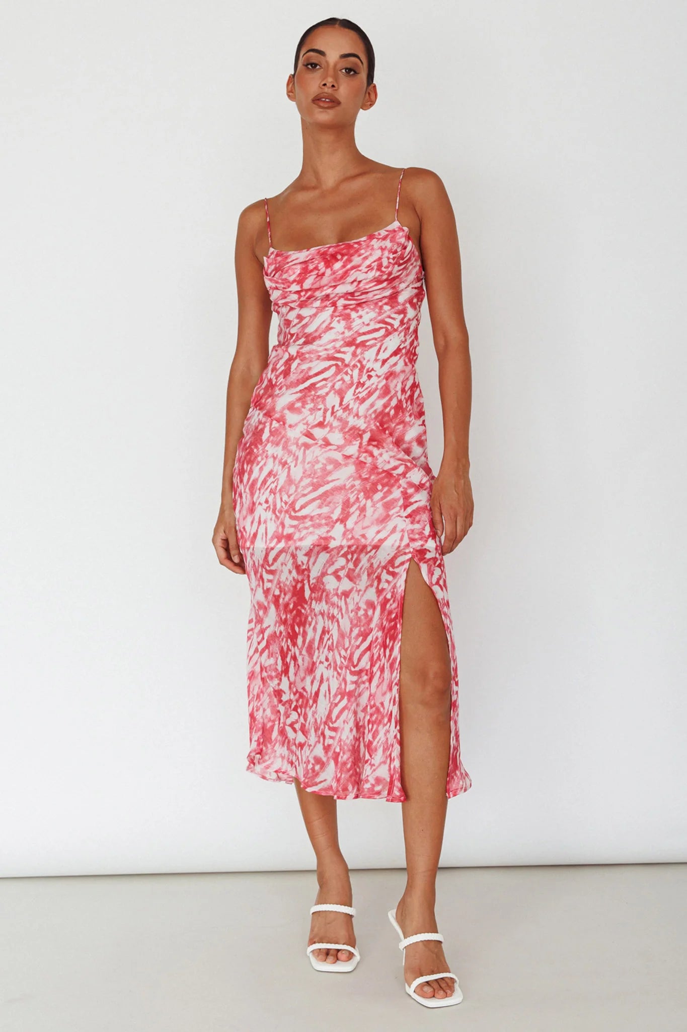 Well Versed Pleated Bust Front Split Dress Swirl Fuchsia