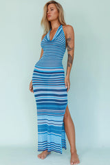 Azure Shores Knit Midi Dress Striped Blue