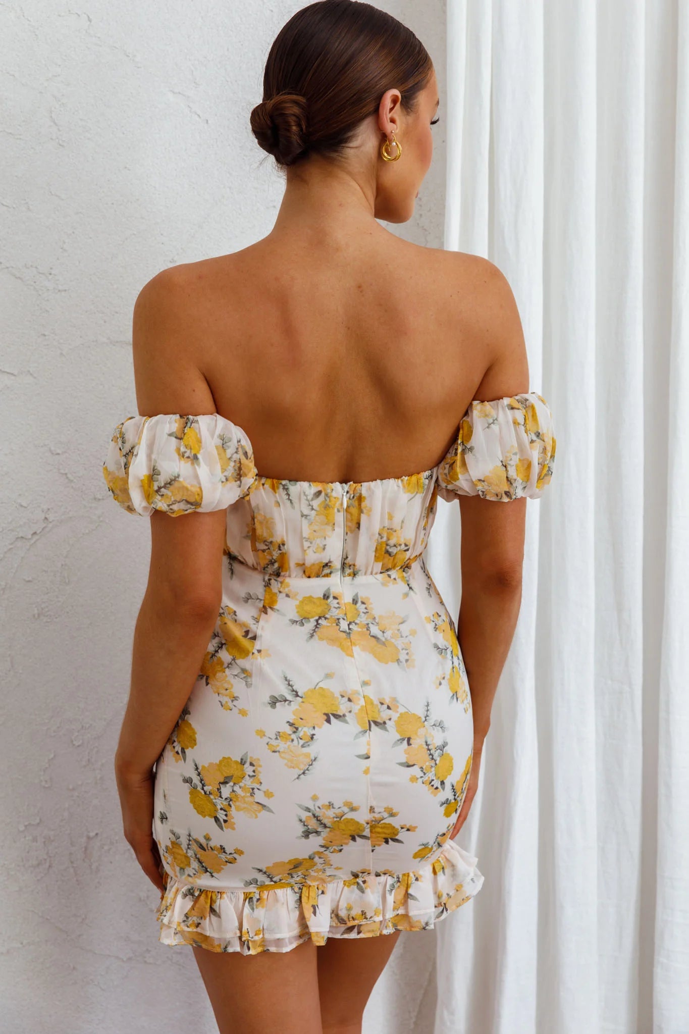 Verona Off-Shoulder Gathered Mini Dress Floral Yellow