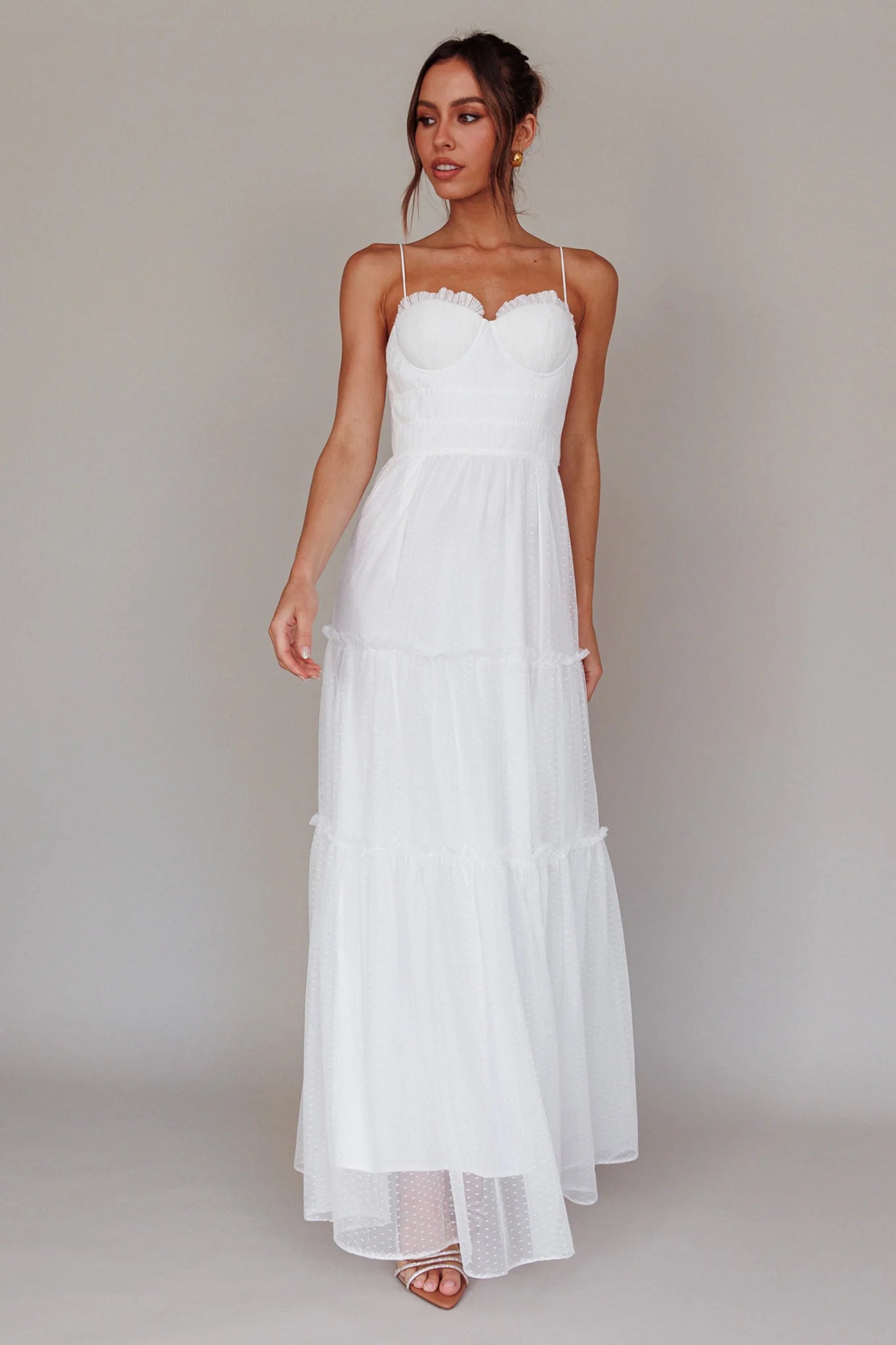 Calla Sweetheart Neckline Hail Spot Midi Dress White