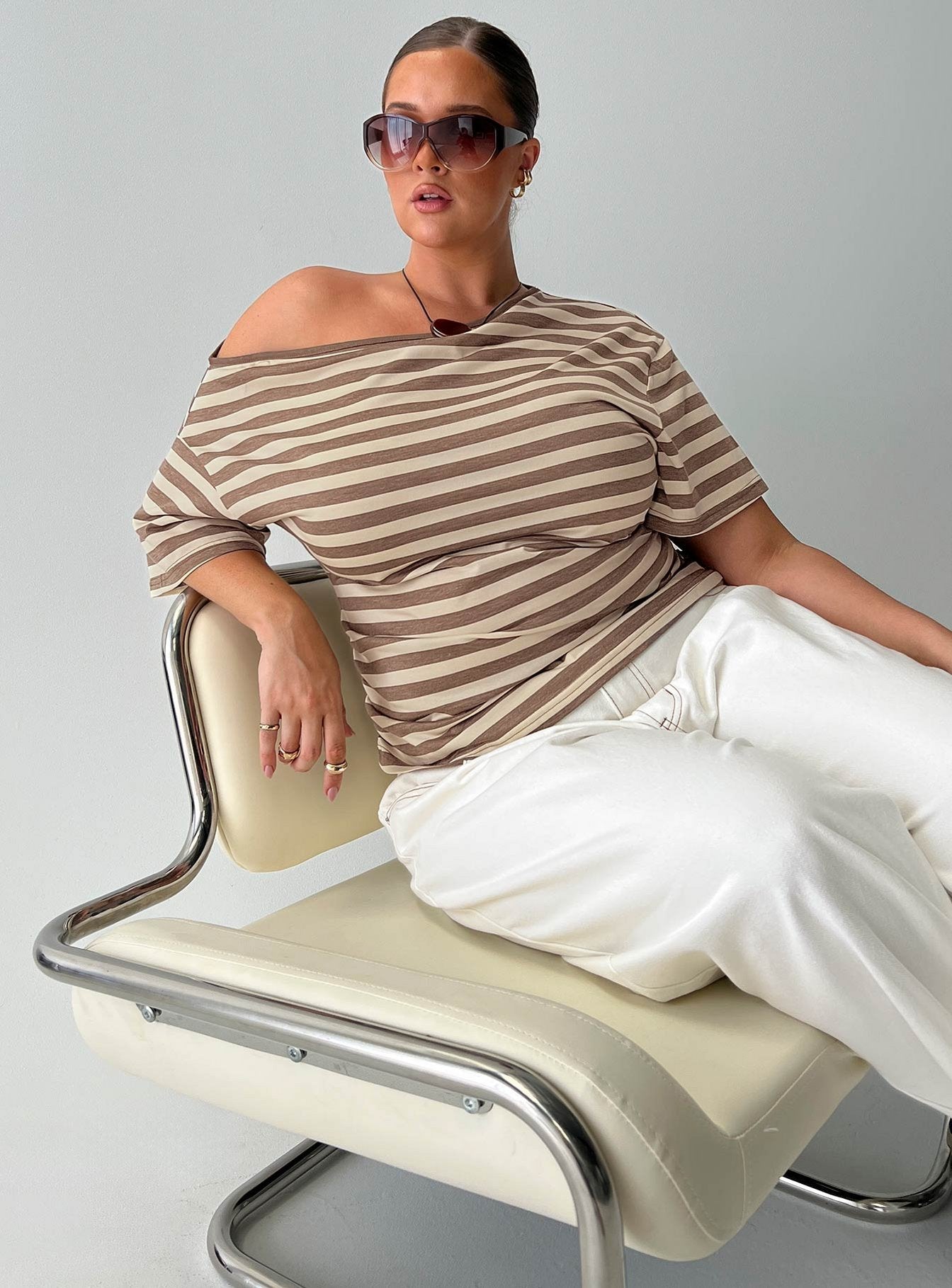 Emlynn Off Shoulder Top Brown Stripe Curve