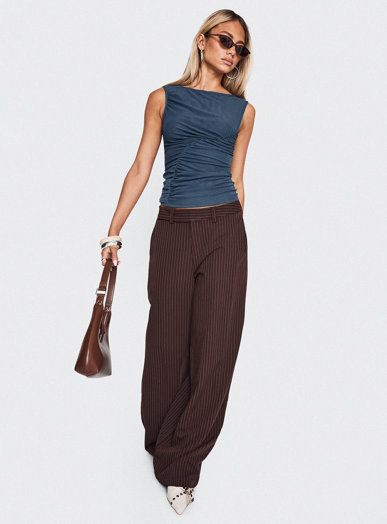 Lustre Wide Leg Pant Brown Pinstripe