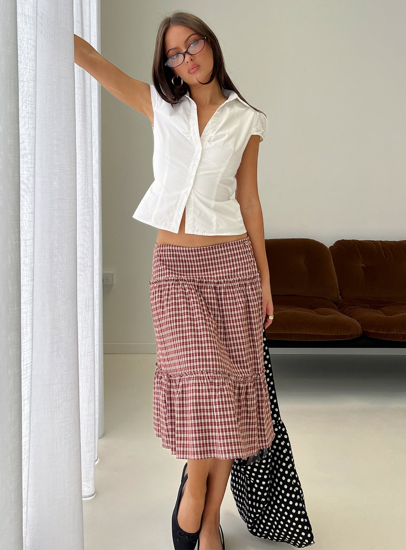 Cascades Low Rise Midi Skirt Red Check