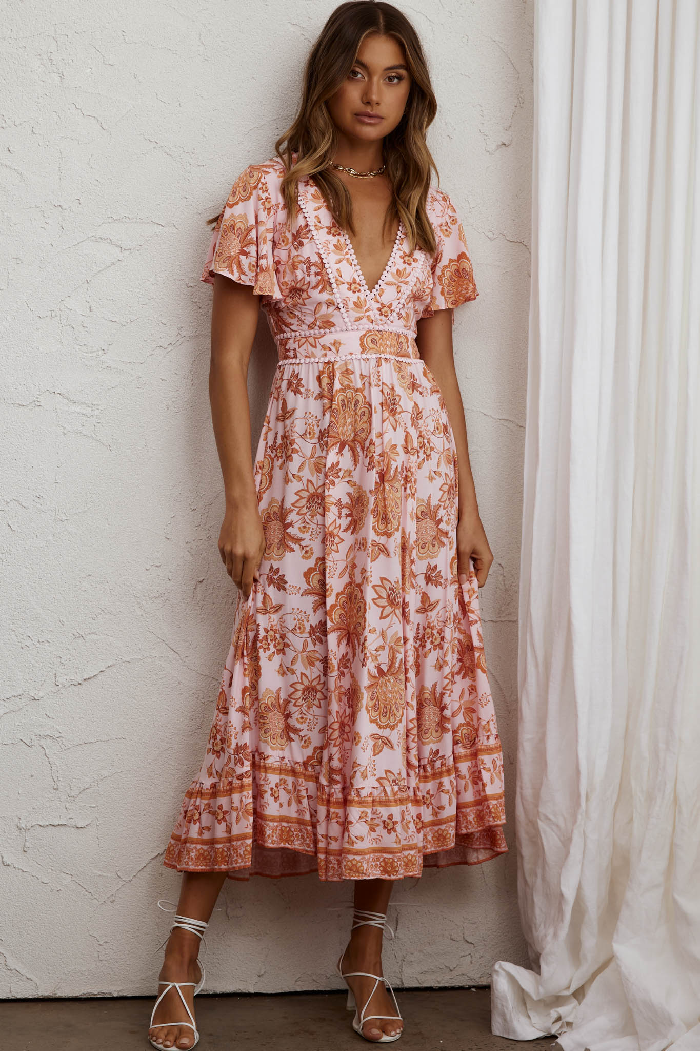Kailee Short Sleeve Midi Dress Pink/Orange