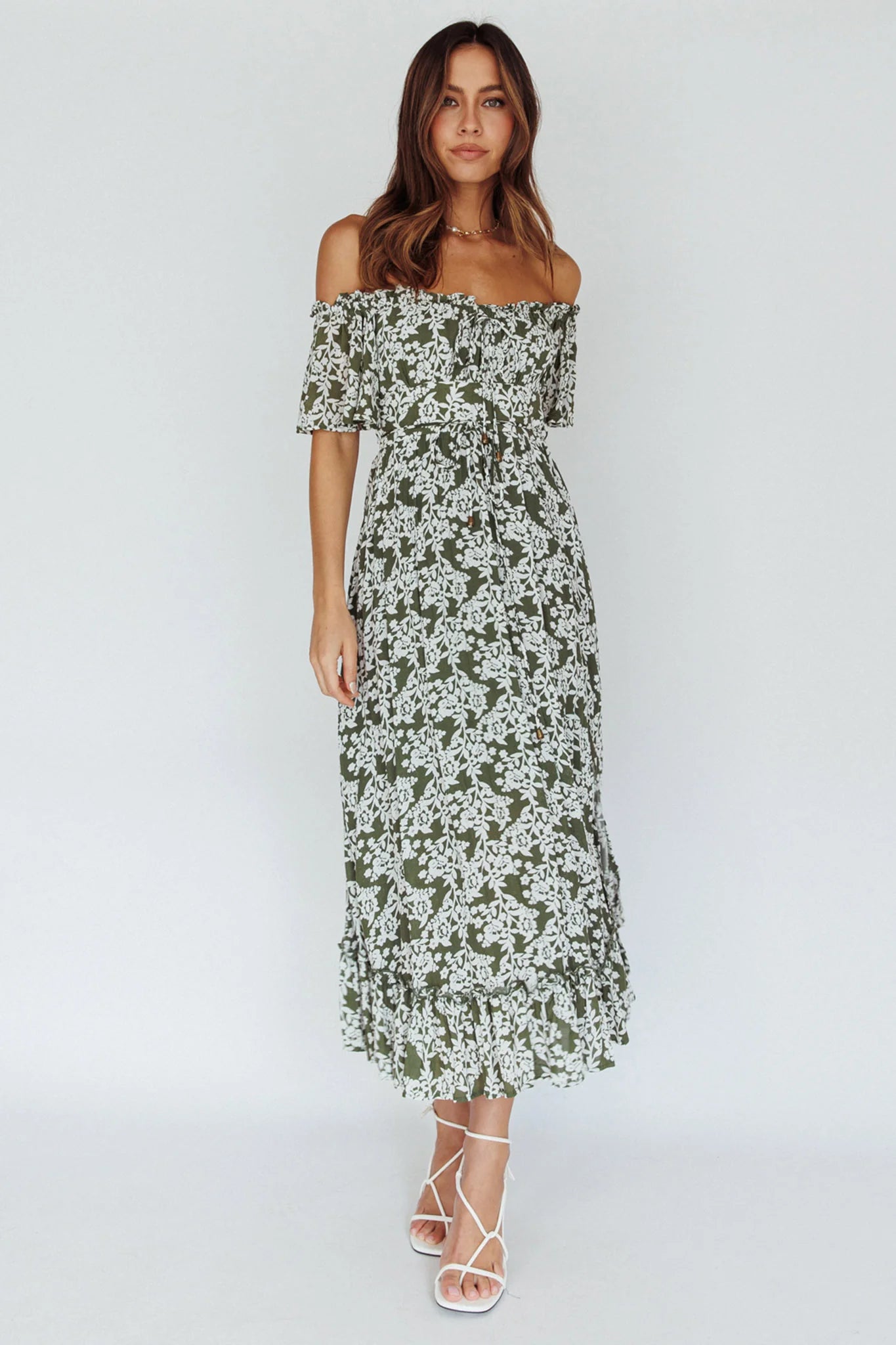 Voyager Off-Shoulder Bell Sleeve Midi Dress Floral Green