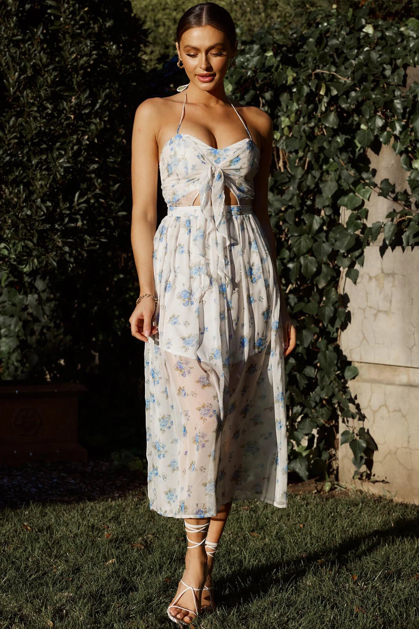 Los Feliz Tied Bust Halterneck Midi Dress Sheer Floral Blue