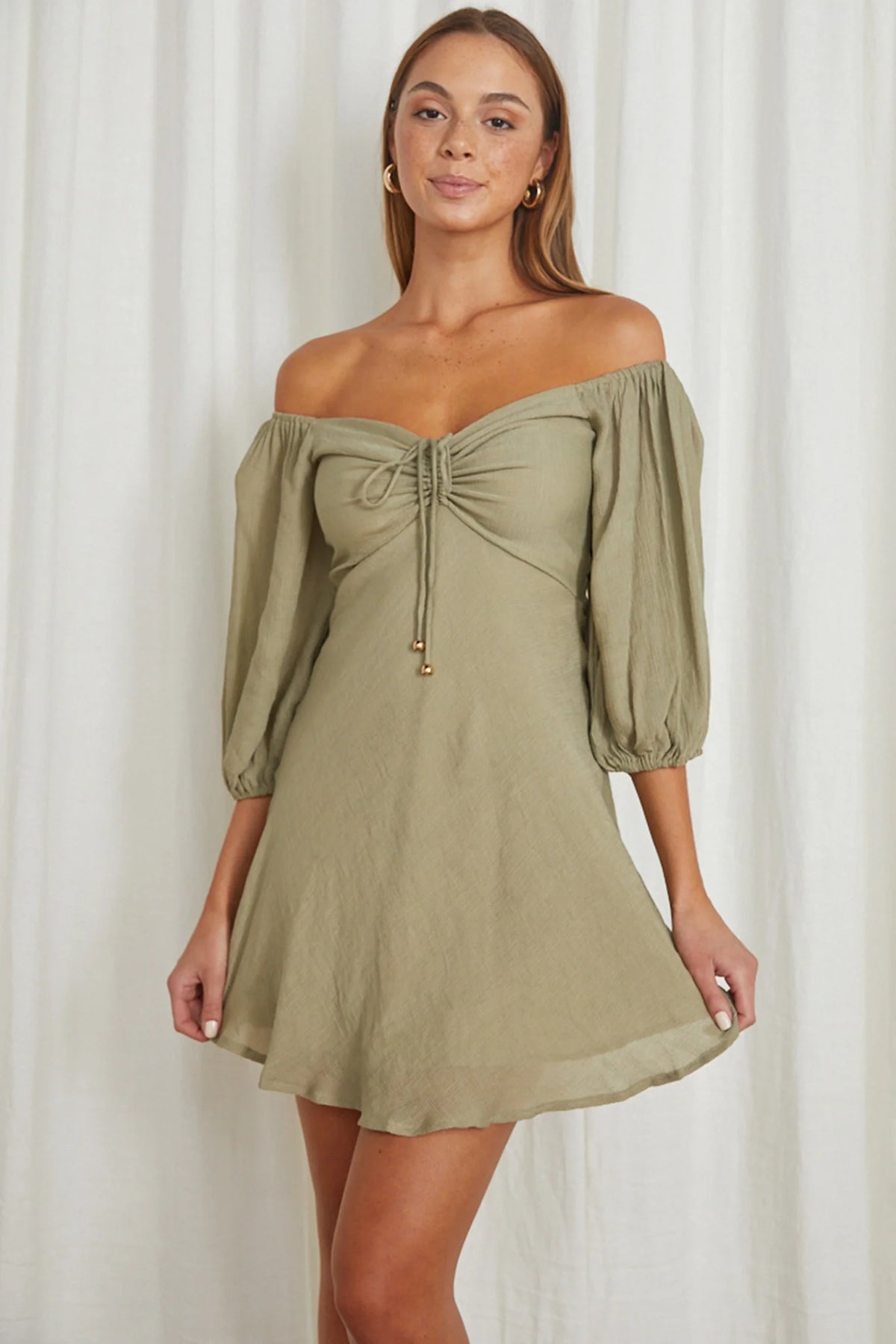 Avaline Drawstring Bust Mini Dress Olive