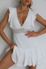 Idyllwild Ruffle Shoulder Mini Dress Off White