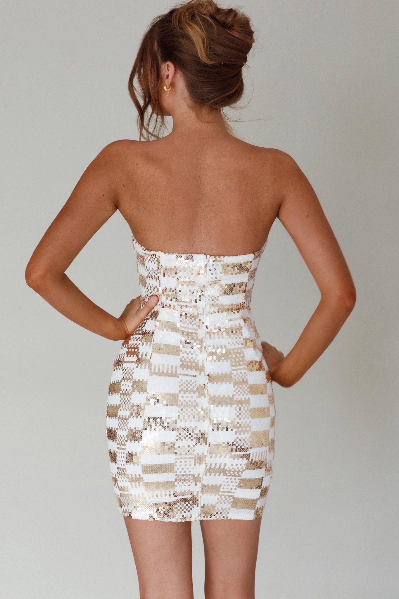 Tupelo Cut-Out Waist Sequin Mini Dress Gold/White