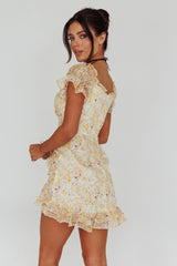 Linka Drawstring Detail Frill Dress Floral Beige
