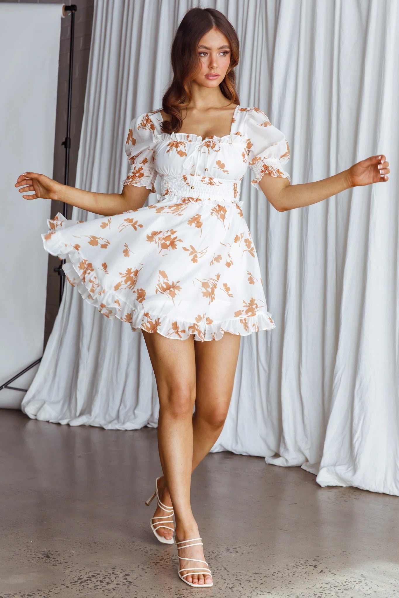 Summer In Paris Puff Sleeve Open Back Dress Floral Tan