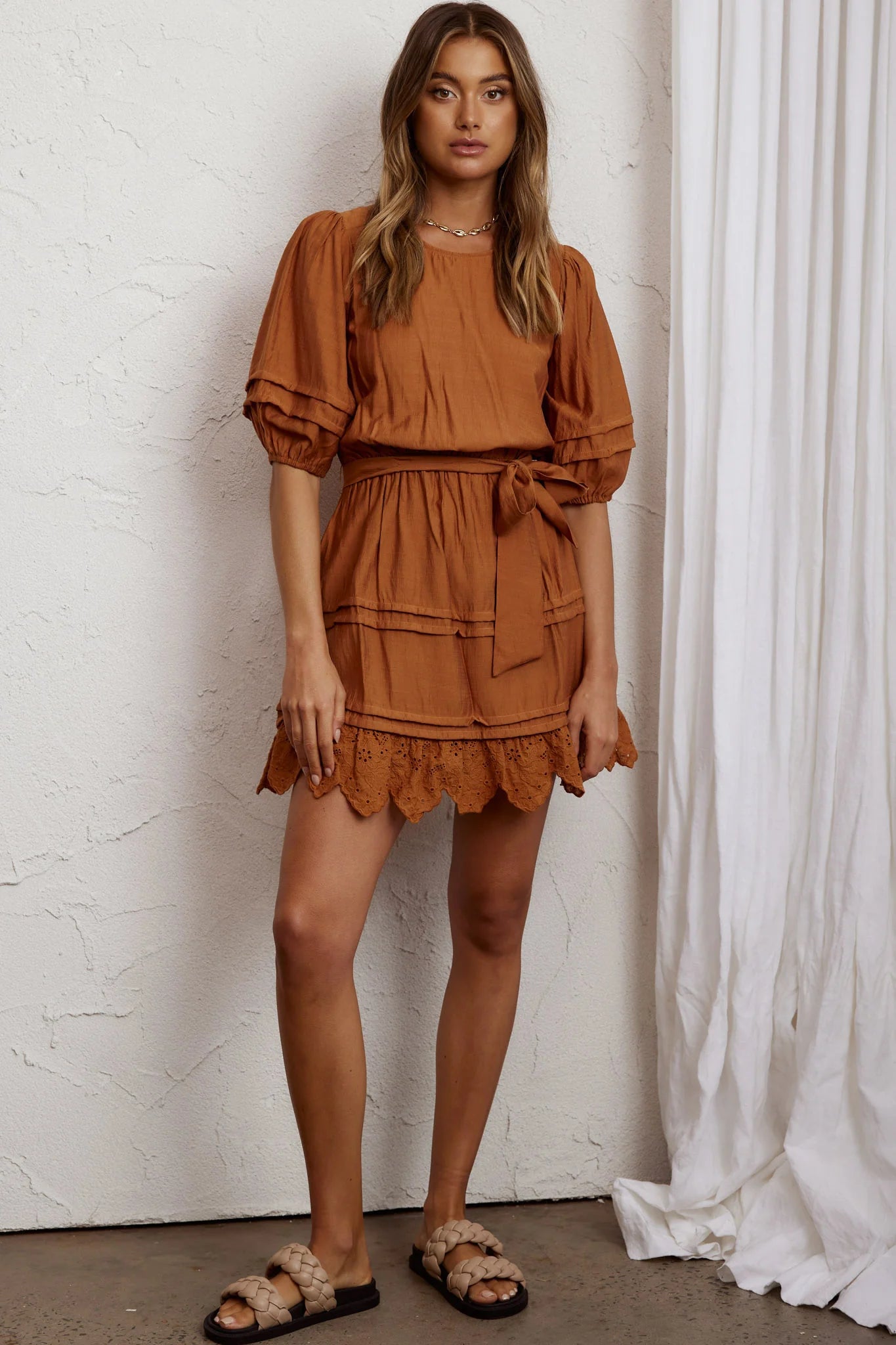 Laiken Waist Tie Pintuck Dress Tan