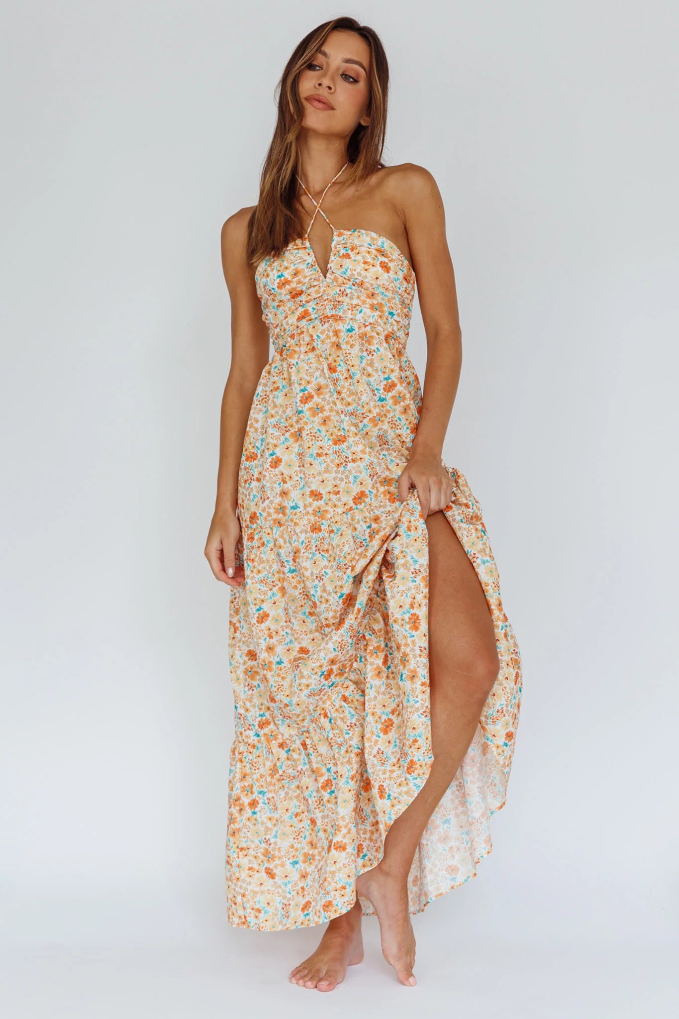 Asiah Halterneck Maxi Dress Flowers Orange