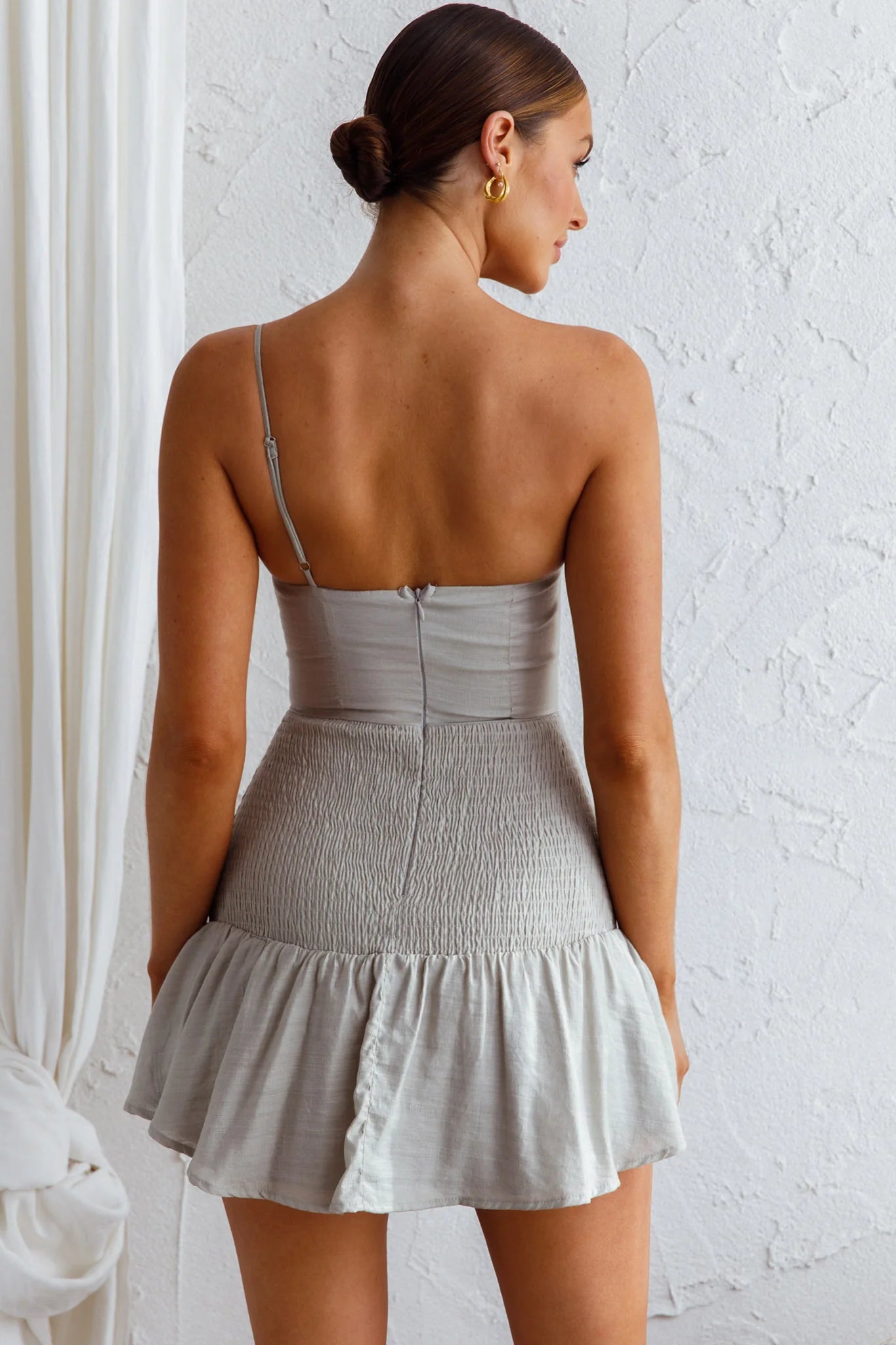 Bridie One Shoulder Shirred Mini Dress Pistachio