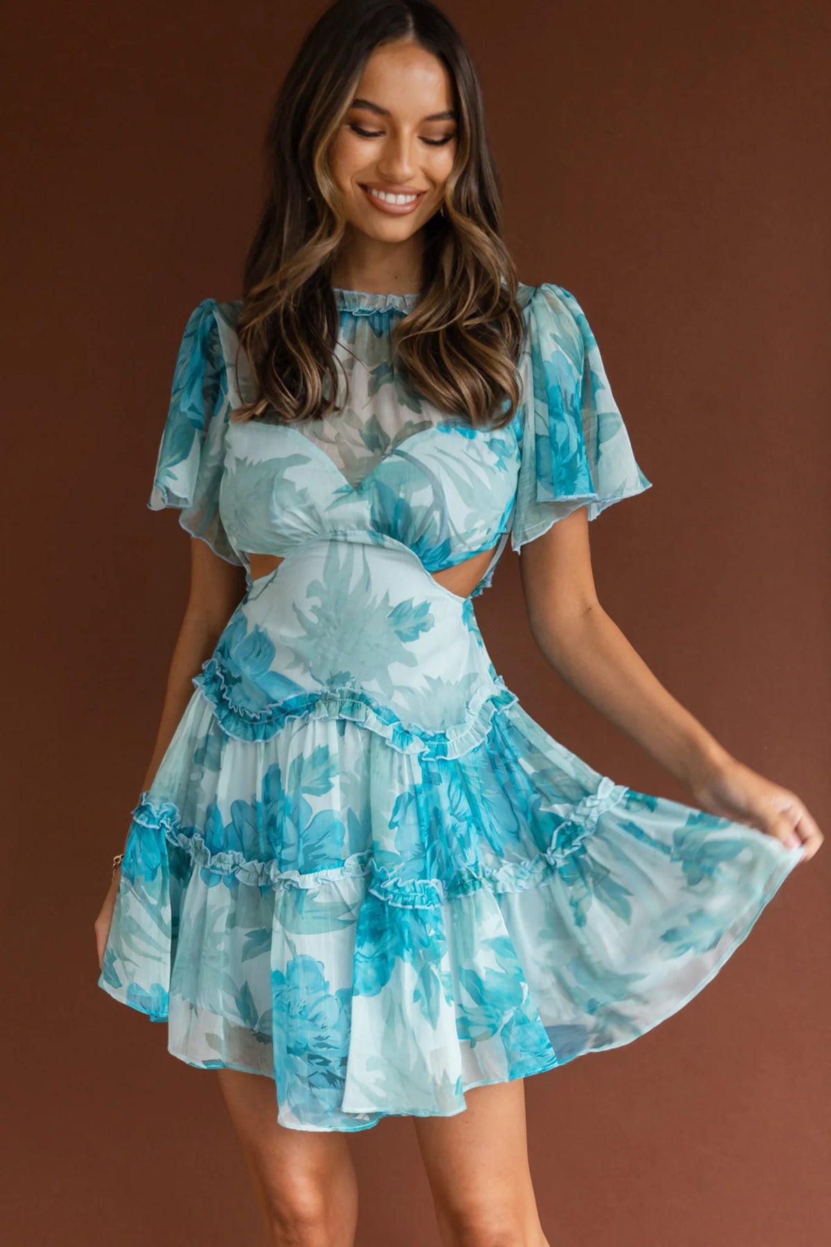 Tres Chic Flutter Sleeve Cut-Out Dress Botanical Blue