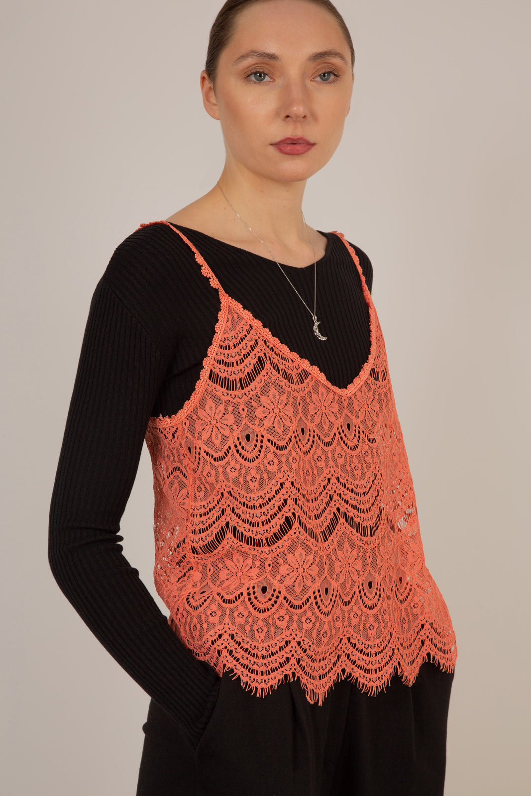 Coral lace spaghetti strap tank