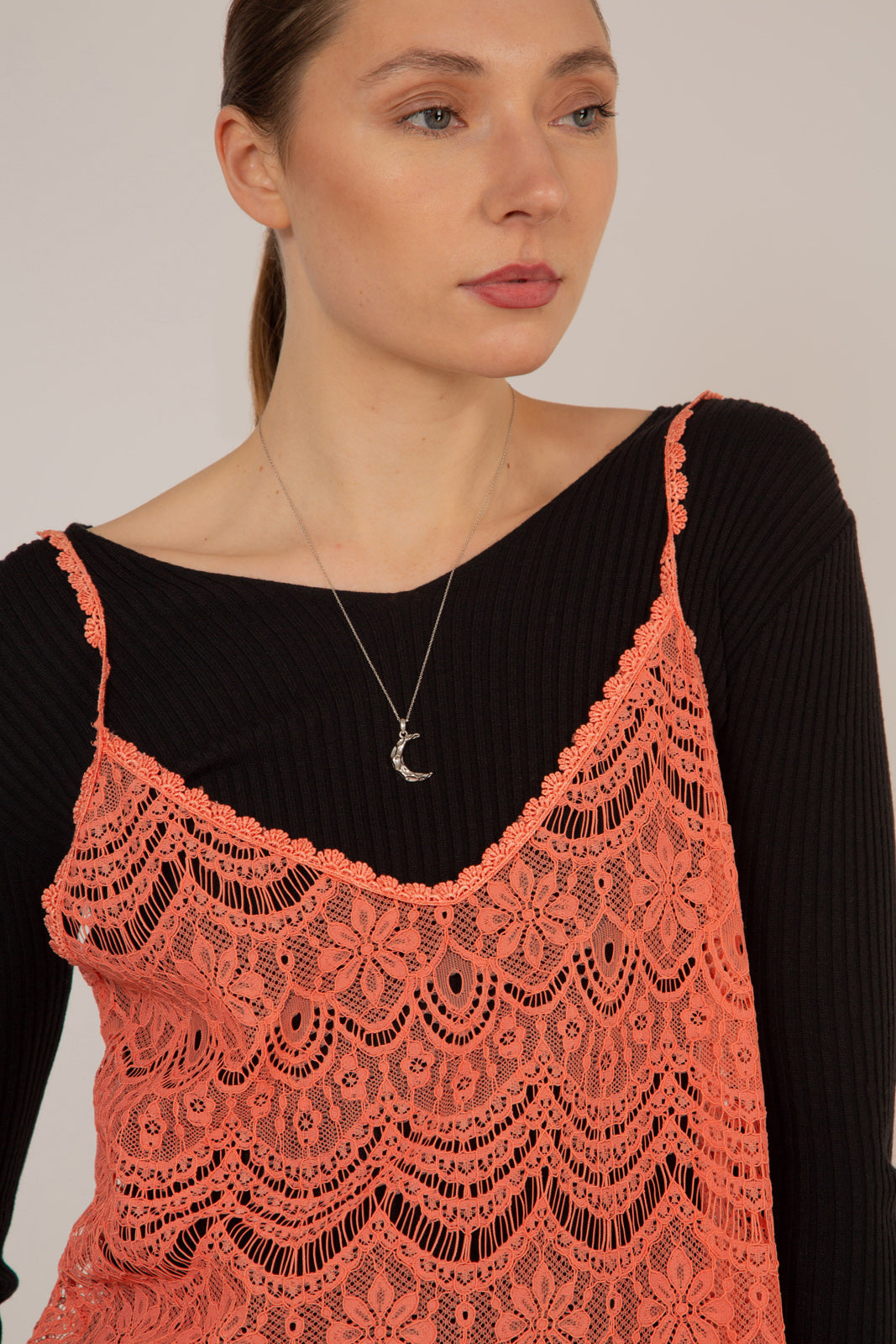 Coral lace spaghetti strap tank