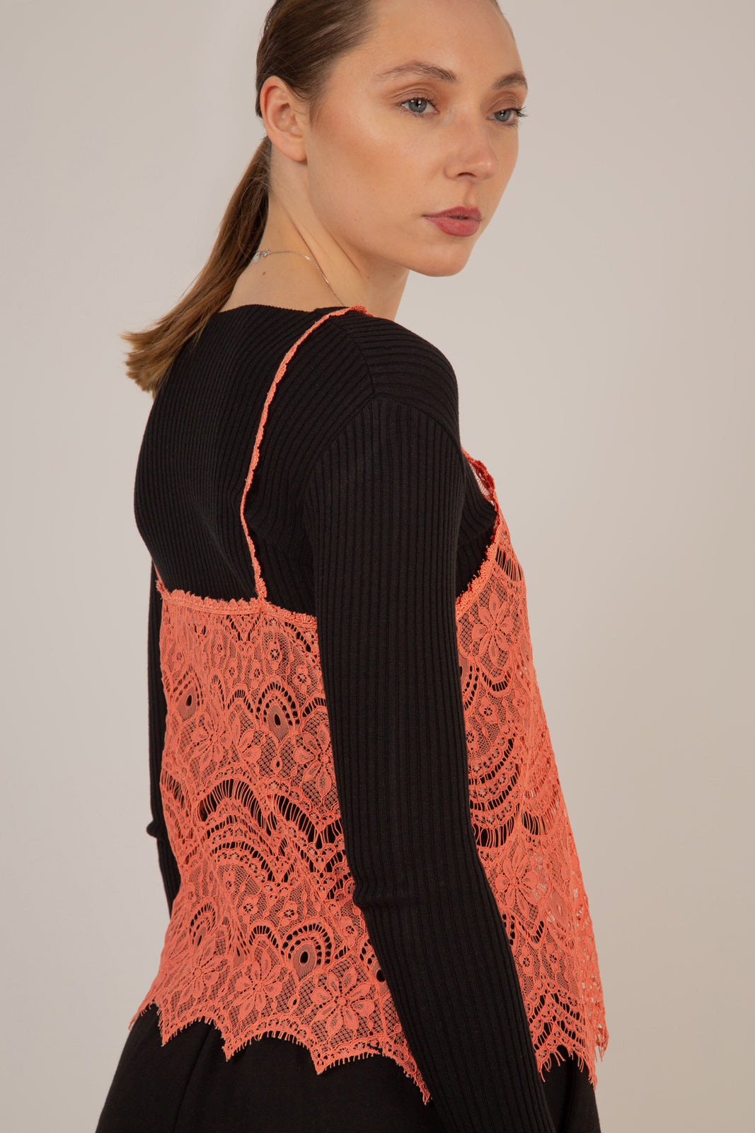 Coral lace spaghetti strap tank
