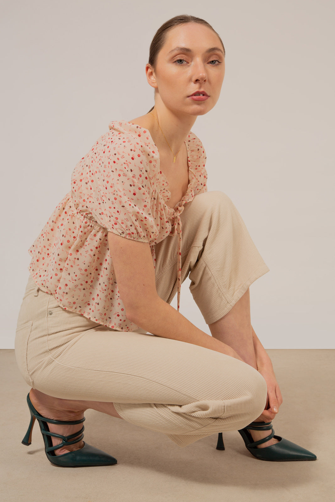 Ivory and pink floral semi sheer blouse
