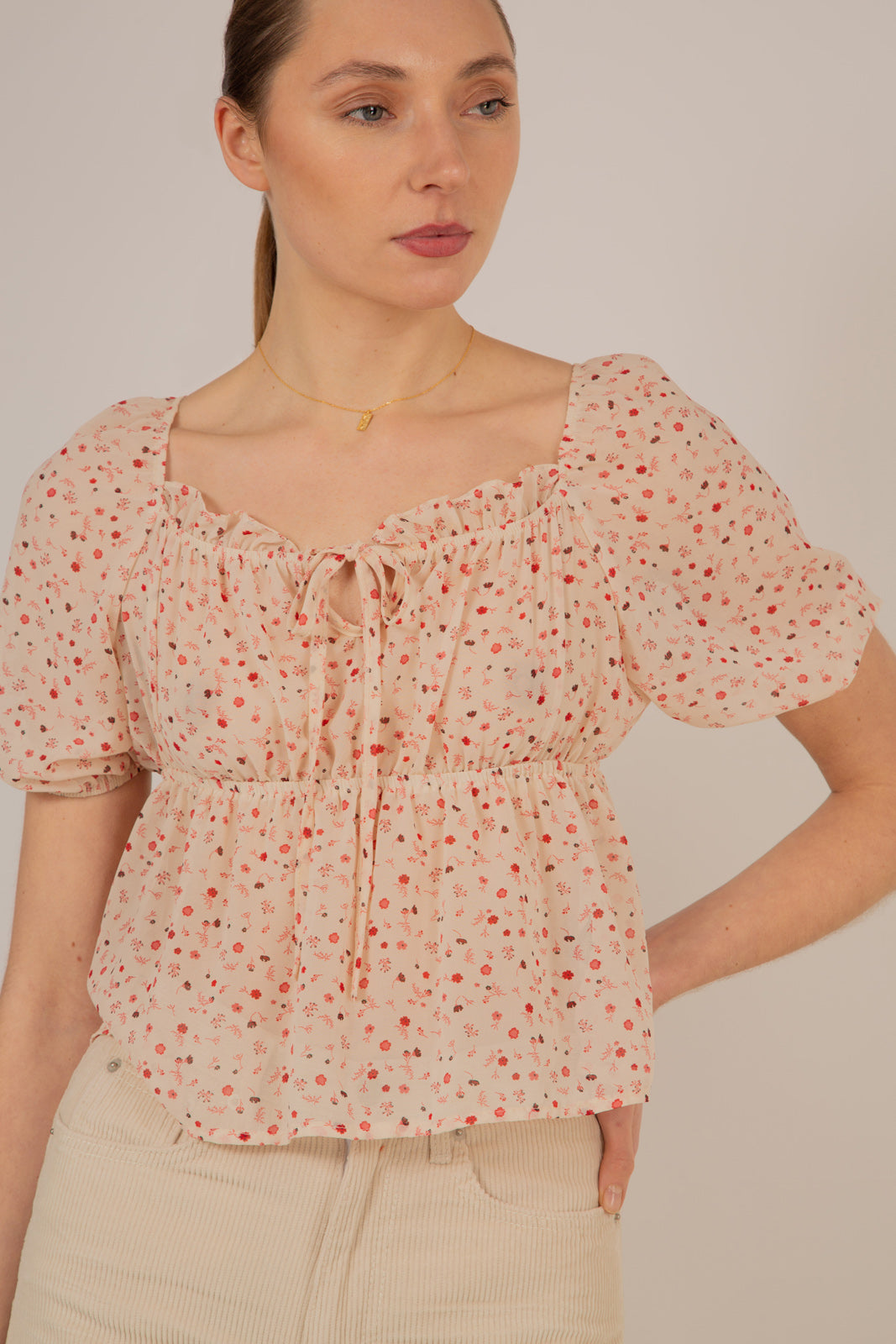 Ivory and pink floral semi sheer blouse