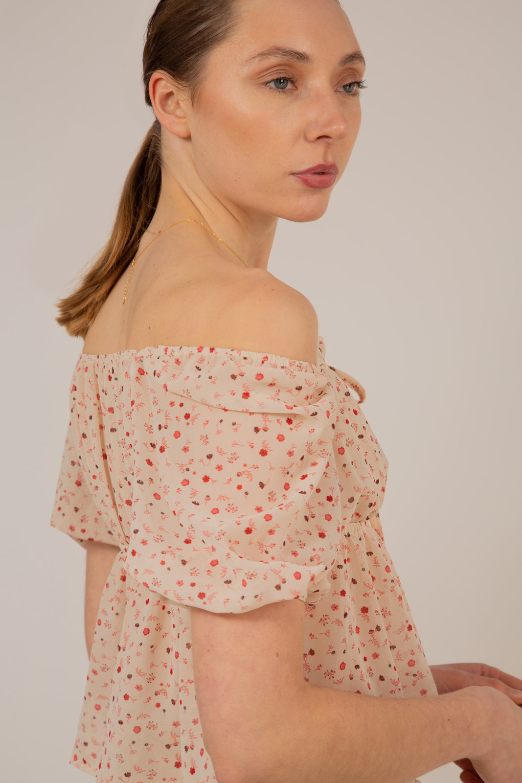 Ivory and pink floral semi sheer blouse