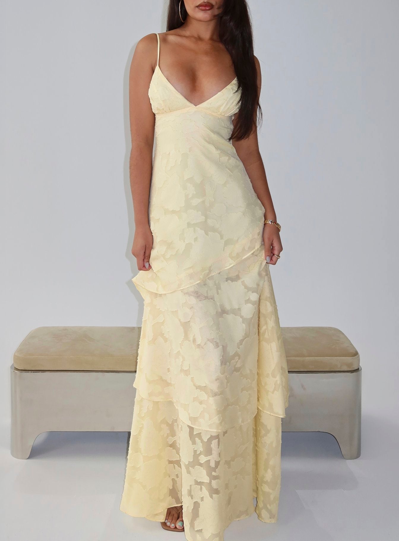 Lyricah Tiered Tie Back Maxi Dress Yellow
