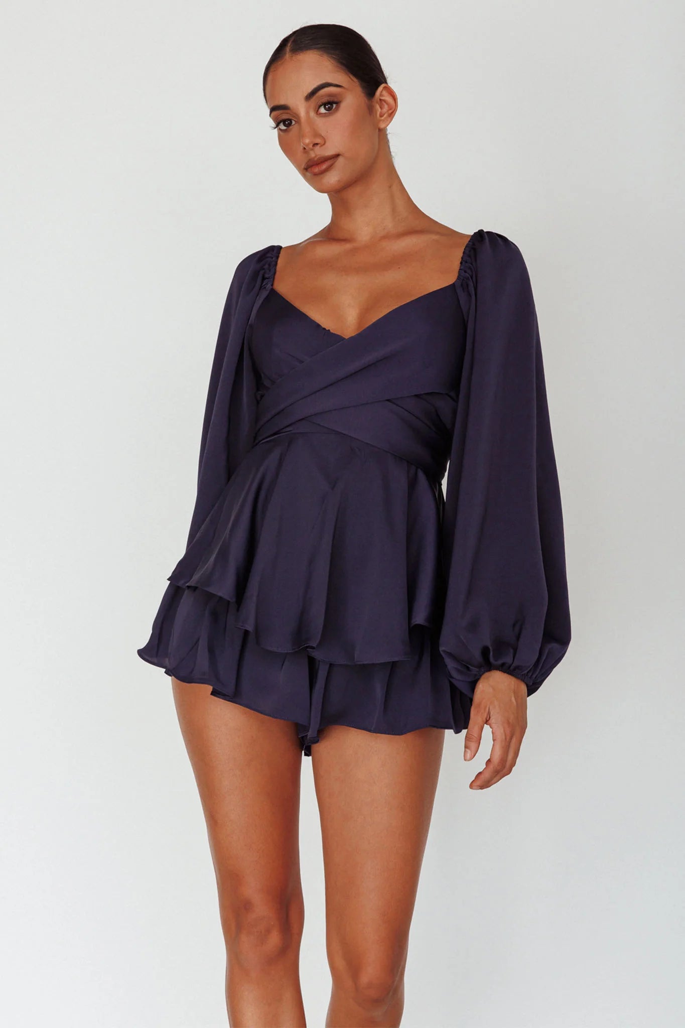 It's Complicated Long Sleeve Flounce Romper Navy